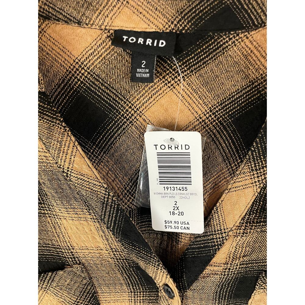 Torrid Brown Black Plaid Babydoll Long Sleeve Tunic Shirt Top NWT Size 2 2X - Picture 3 of 9